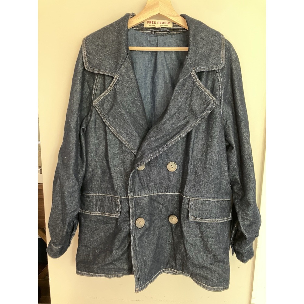 Free People Denim Jacket Women Small Dark Wash Trench Style 100% Cotton Pockets